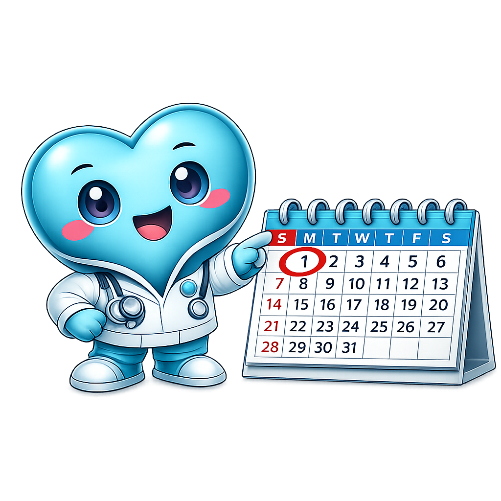 Friendly heart mascot pointing to a calendar date